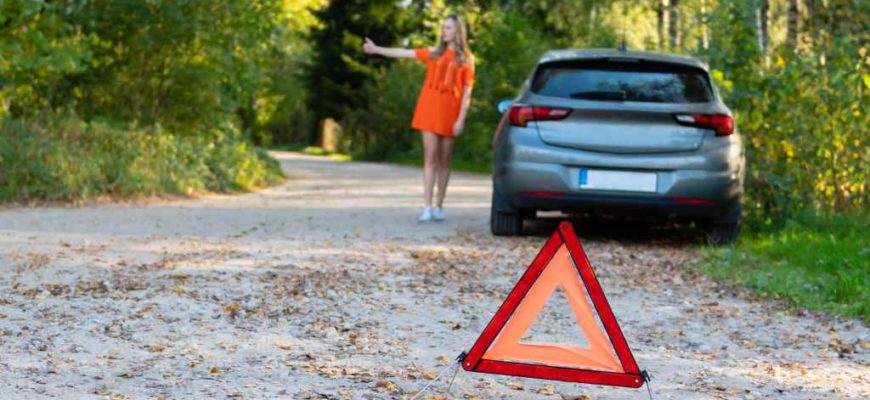 Дорога, поломка, знак аварийной остановки, женщина