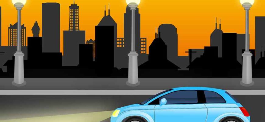 Автомобиль, дорога, город, ночь, фары