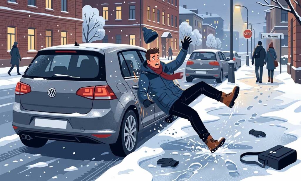 Пешеход, автомобиль, зима, скользко