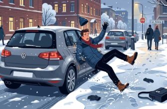 Пешеход, автомобиль, зима, скользко