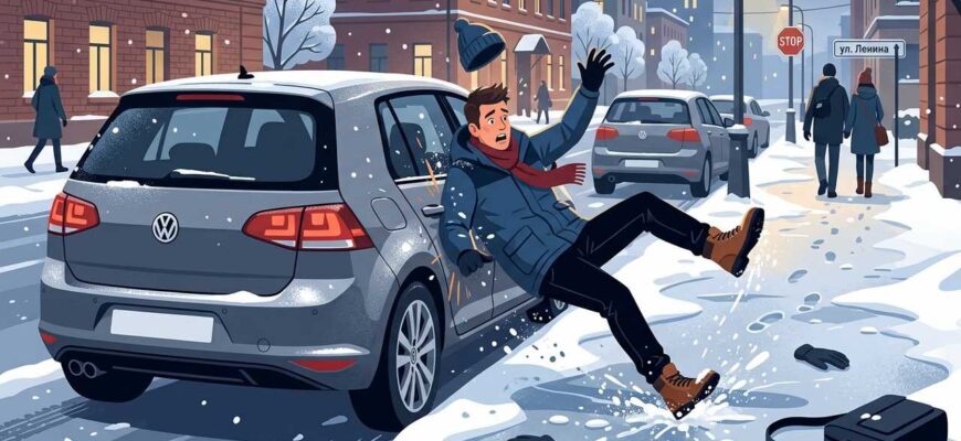 Пешеход, автомобиль, зима, скользко